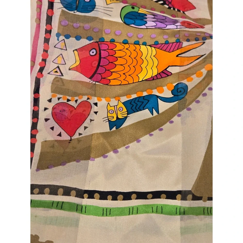 Laurel Burch Silk Scarf Tree of Life Whimsical Cats Birds Fish Rectangular Wrap